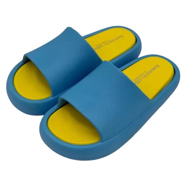 J/Slides Beach Slides Womens Sandals Turquoise/Yellow Slip-On Size 8 Open Toe Co - Picture 3 of 5